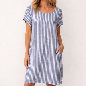 CP Shades Esme 100% Linen Shift Dress Pockets Size Small Blue White Striped
